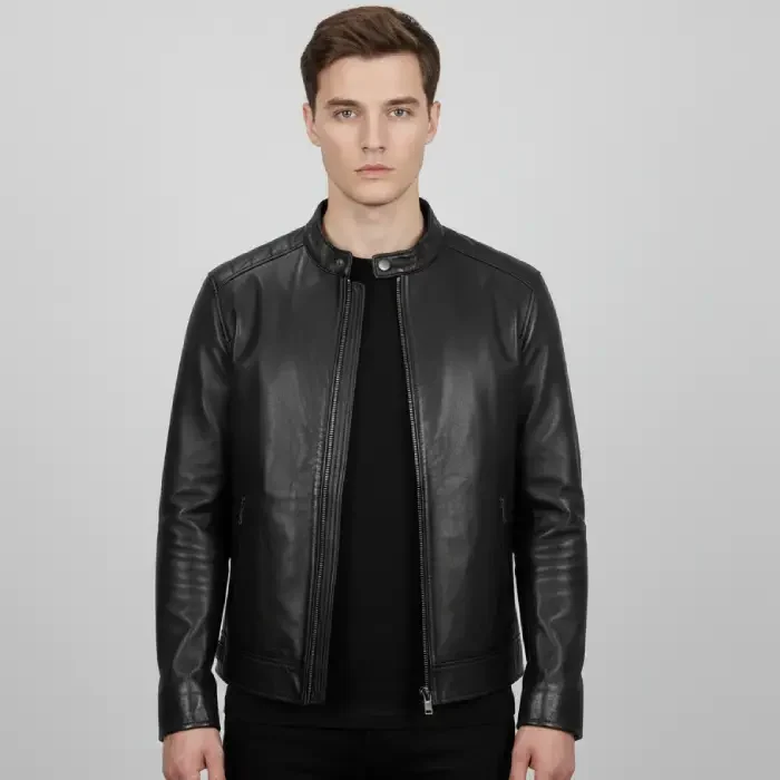 Men’s Owen Black Café Racer Leather Jacket front Black Cafe Racer Jacket front