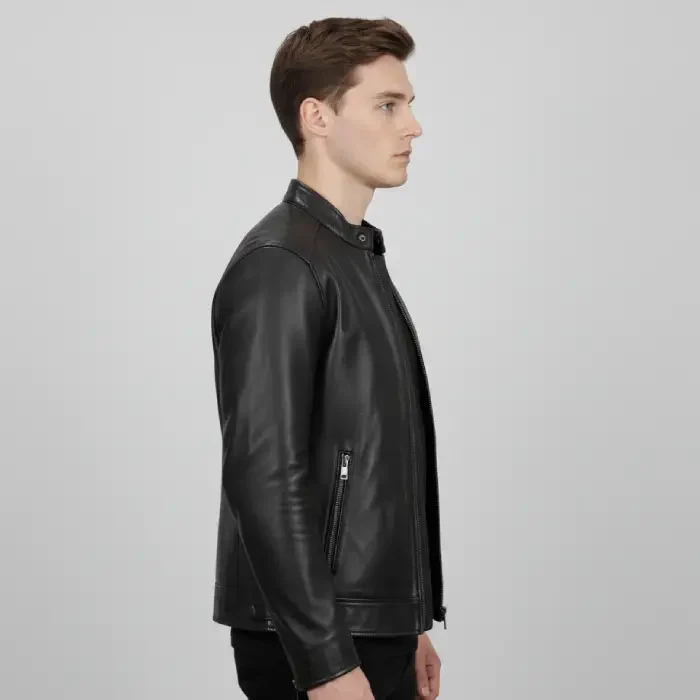Men’s Owen Black Café Racer Leather Jacket side Black Cafe Racer Jacket side
