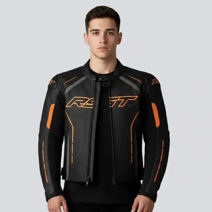RST S1 CE Mens Leather Sport Motorcycle Jacket Black Orange TriCore Made front Sport Racing Leather Jacket front