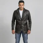 Men's Vintage Black Leather Blazer front