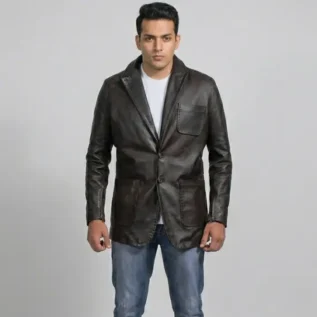 Men's Vintage Black Leather Blazer front