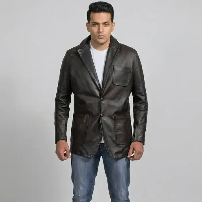 Men's Vintage Black Leather Blazer front