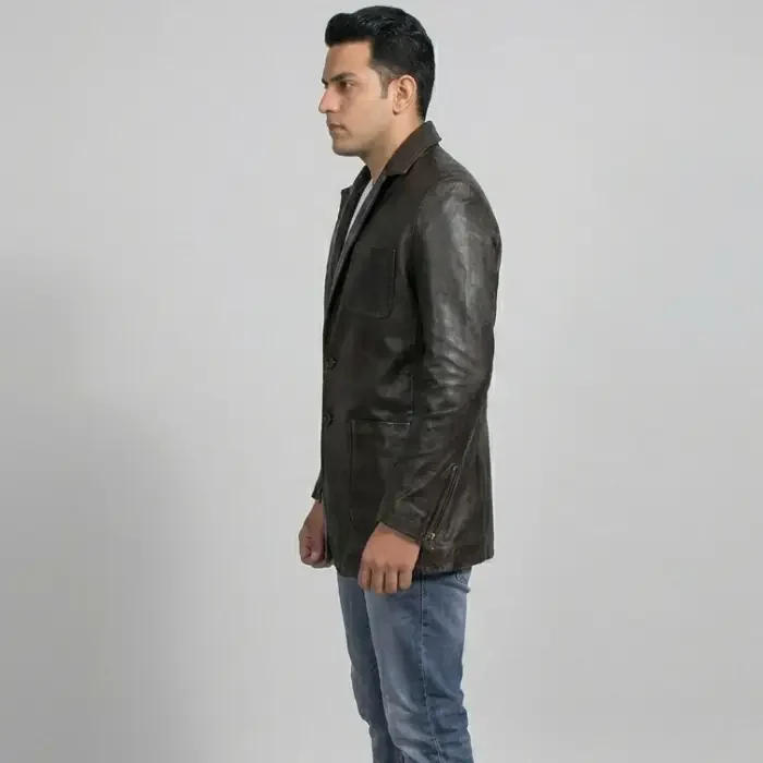 Men's Vintage Black Leather Blazer side