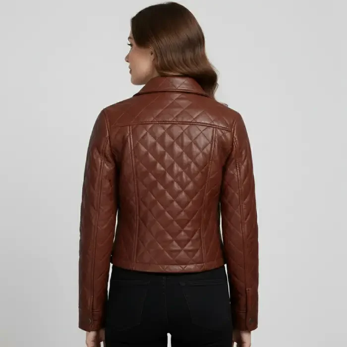 Woman’s Quilted Cropped Cognac Leather Jacket back Women's Brown Quilted Leather Jacket back