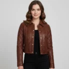 Women's Brown Quilted Leather Jacket front