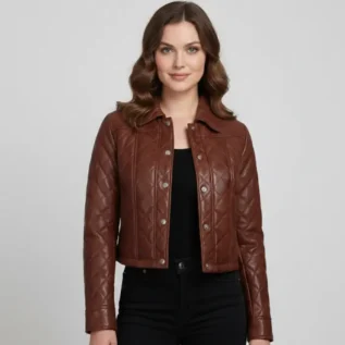 Women's Brown Quilted Leather Jacket front