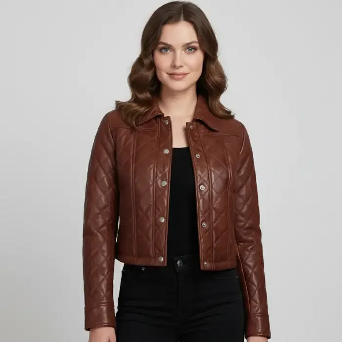 Woman’s Quilted Cropped Cognac Leather Jacket front Women's Brown Quilted Leather Jacket front