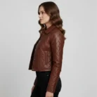 Woman’s Quilted Cropped Cognac Leather Jacket side