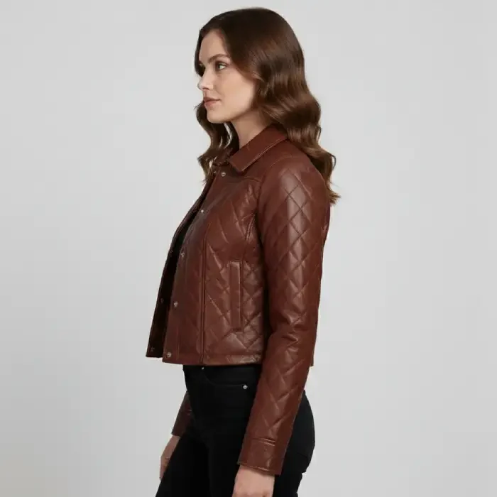 Woman’s Quilted Cropped Cognac Leather Jacket side Woman’s Quilted Cropped Cognac Leather Jacket side