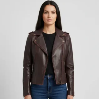 Women's Dark Brown Biker Leather Jacket front