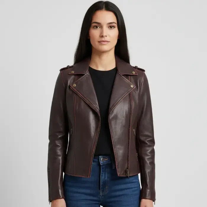 Women’s Dark Brown Asymmetrical Moto Leather Jacket Front Women's Dark Brown Biker Leather Jacket front