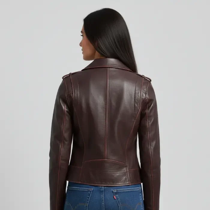 Women’s Dark Brown Asymmetrical Moto Leather Jacket back Women's Dark Brown Biker Leather Jacket back