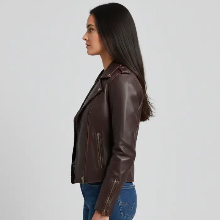 Women’s Dark Brown Asymmetrical Moto Leather Jacket side Women’s Dark Brown Asymmetrical Moto Leather Jacket side