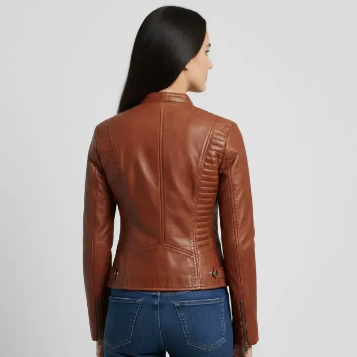 Women’s Slim Fit Tan Lambskin Leather Jacket back Women’s Slim Fit Tan Lambskin Leather Jacket back