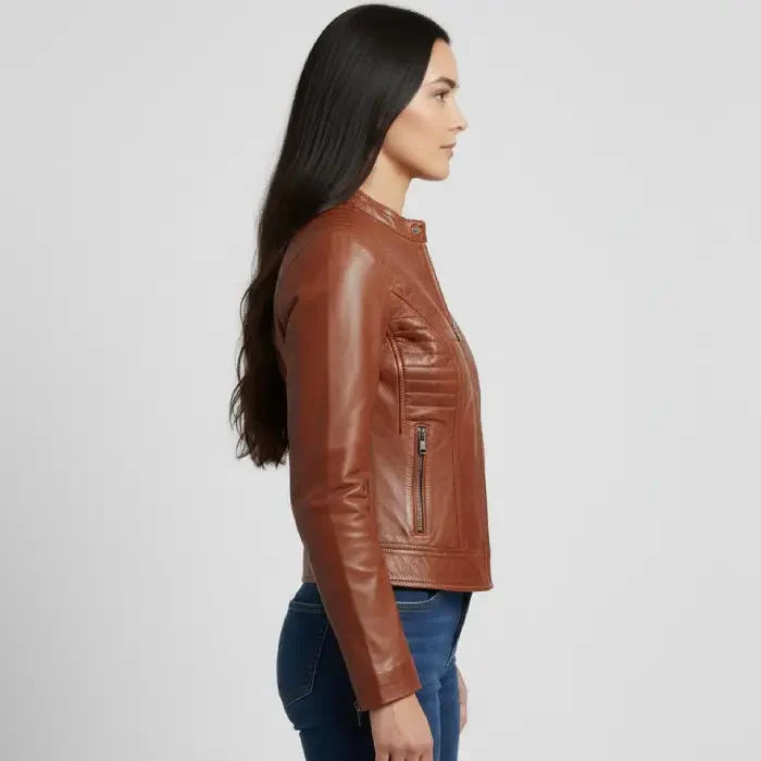 Women’s Slim Fit Tan Lambskin Leather Jacket side Women’s Slim Fit Tan Lambskin Leather Jacket side
