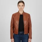 Women's Tan Café Racer Genuine Leather Jacket front