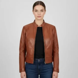 Women's Tan Café Racer Genuine Leather Jacket front