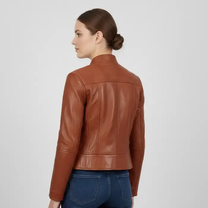 Women’s Tan Waxed Slim Fit Biker Leather Jacket back Women’s Tan Waxed Slim Fit Biker Leather Jacket back