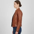 Women’s Tan Waxed Slim Fit Biker Leather Jacket side