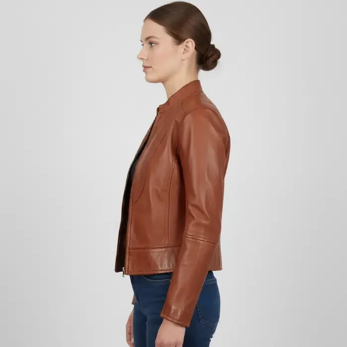 Women’s Tan Waxed Slim Fit Biker Leather Jacket side Women’s Tan Waxed Slim Fit Biker Leather Jacket side