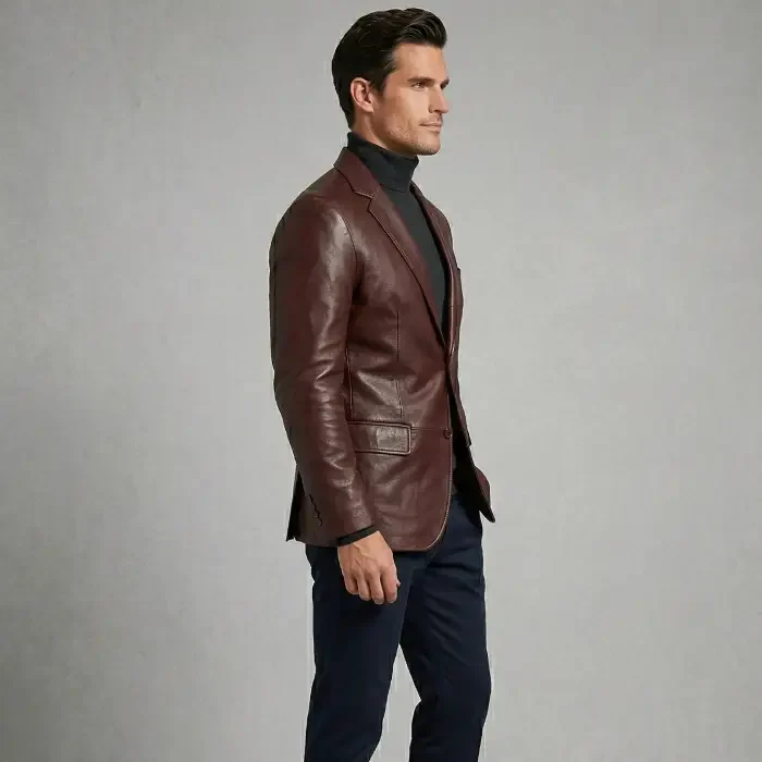 Classic Men's Leather Blazer Burgandy AWL-2288 side