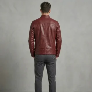 Men's Burgundy Genuine Leather Café Racer Jacket back