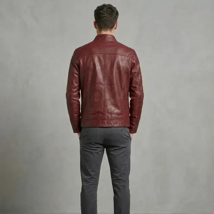 Leather Biker Jacket Burgundy BR ROCK 2 back (1) Men's Burgundy Genuine Leather Café Racer Jacket back