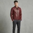 Men's Burgundy Genuine Leather Café Racer Jacket front