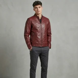 Men's Burgundy Genuine Leather Café Racer Jacket front