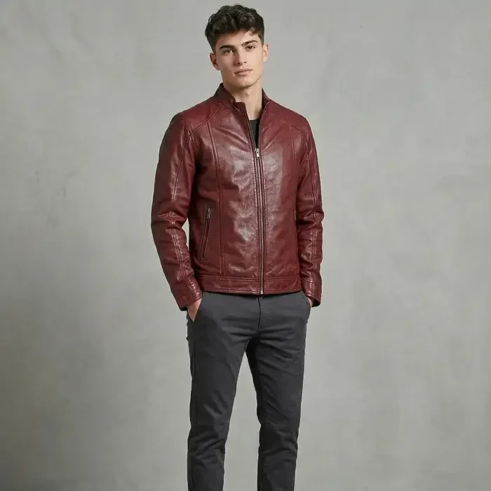 Leather Biker Jacket Burgundy BR ROCK 2 front Men's Burgundy Genuine Leather Café Racer Jacket front