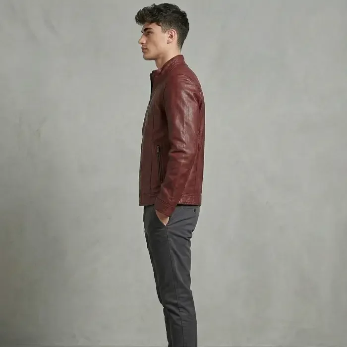 Leather Biker Jacket Burgundy BR ROCK 2 side Men's Burgundy Genuine Leather Café Racer Jacket side