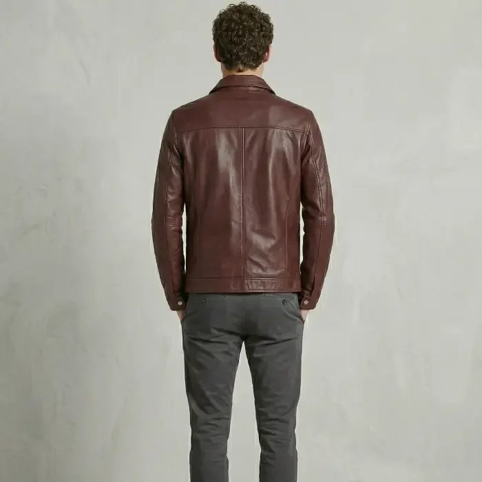 Men's Burgundy Genuine Leather Zip Up Jacket back