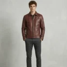 Men's Burgundy Genuine Leather Zip Up Jacket Front