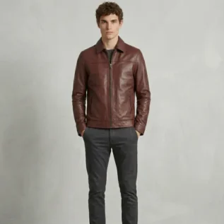 Men's Burgundy Genuine Leather Zip Up Jacket Front