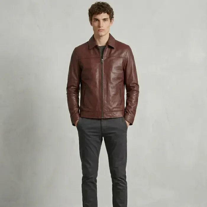 Men's Burgundy Genuine Leather Zip Up Jacket Front