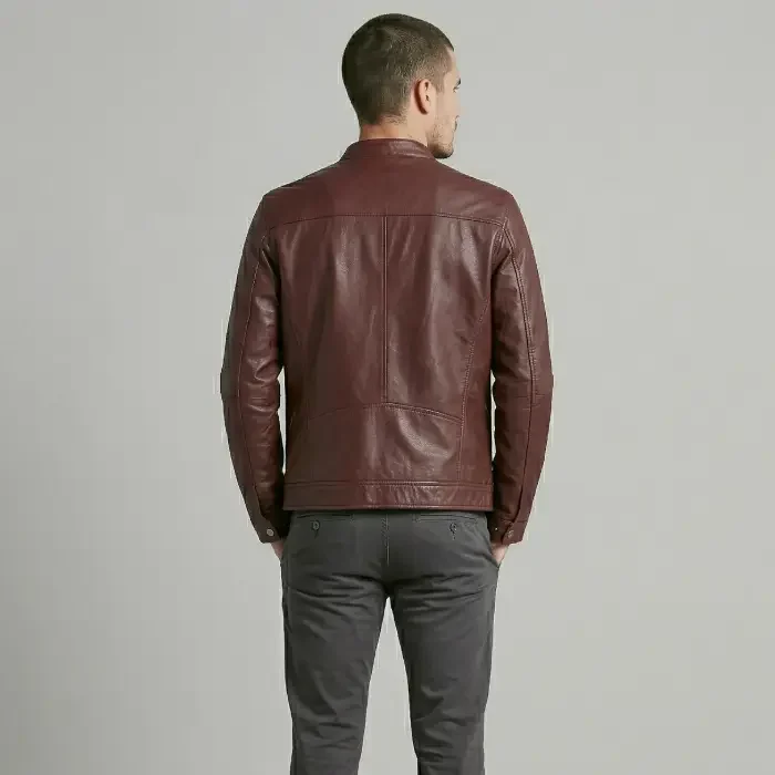 Leather Mandarin Collar Biker Jacket Burgundy AMJ-31 back Men's Burgundy Cafe Racer Leather Jacket back