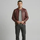 Men's Burgundy Cafe Racer Leather Jacket front