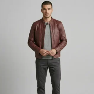 Men's Burgundy Cafe Racer Leather Jacket front