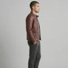 Leather Mandarin Collar Biker Jacket Burgundy AMJ-31 side