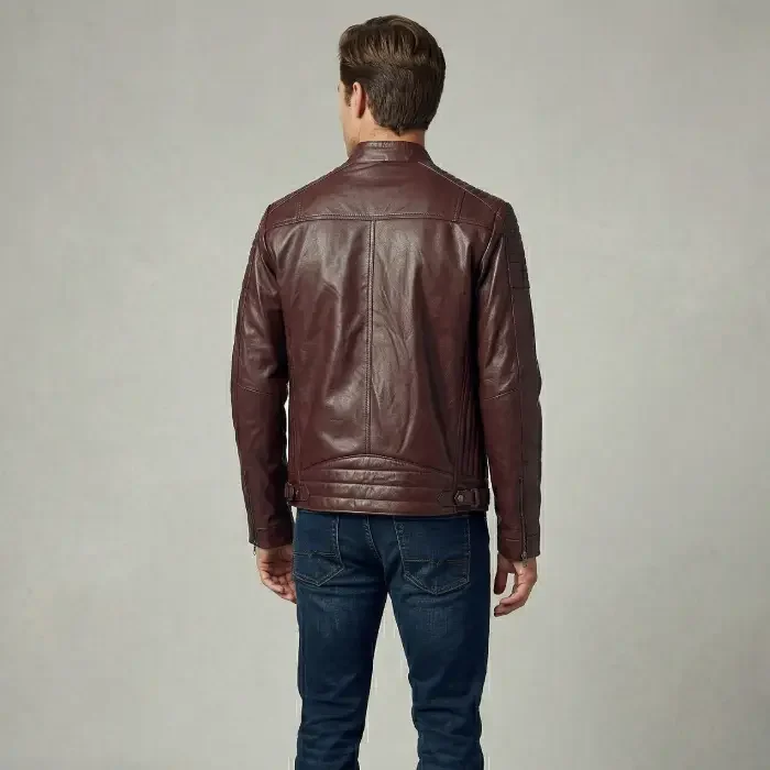 Mens Leather Biker Jacket Burgundy G-6400 back Mens Leather Biker Jacket Burgundy G-6400 back
