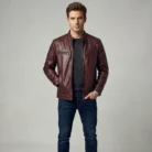 Burgundy Zip Front Leather Jacket front