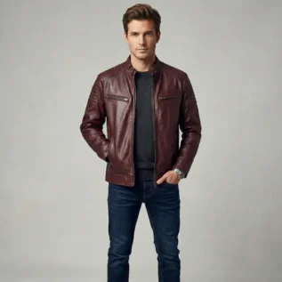 Burgundy Zip Front Leather Jacket front