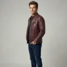 Mens Leather Biker Jacket Burgundy G-6400 side