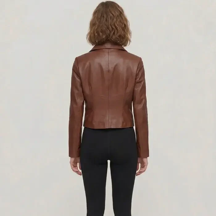 Women's Cognac Brown Single Button Cropped Leather jacket back Women's Cognac Leather Jacket back