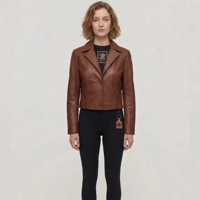 Women's Cognac Brown Single Button Cropped Leather jacket front Women's Cognac Leather Jacket front