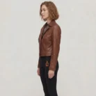 Women's Cognac Brown Single Button Cropped Leather jacket side