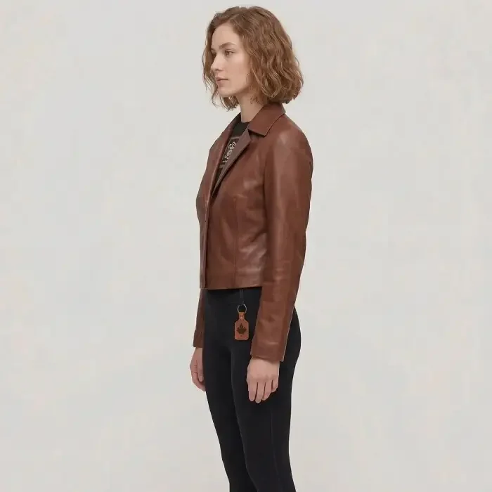 Women's Cognac Brown Single Button Cropped Leather jacket side Women's Cognac Brown Single Button Cropped Leather jacket side
