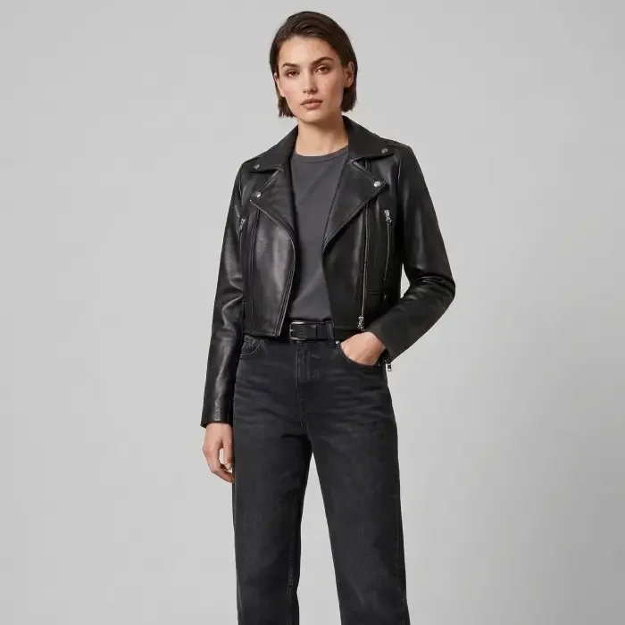 Women’s Cropped Black Biker style leather jacket front Cropped Leather Biker Jacket front