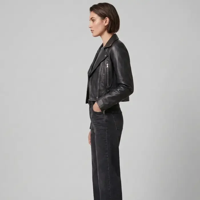 Women’s Cropped Black Biker style leather jacket side Cropped Leather Biker Jacket side