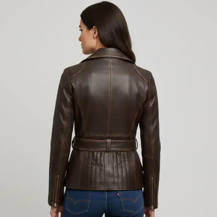 Womens Distressed Brown Long Biker Style Leather Jacket back Dark Brown Leather Jacket back